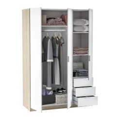 Armoire Allentown, Armoire de Chambre avec 3 Portes et 3 Tiroirs, Armoire avec Barre de Suspension, 121x52h180 cm, Blanc et Chêne