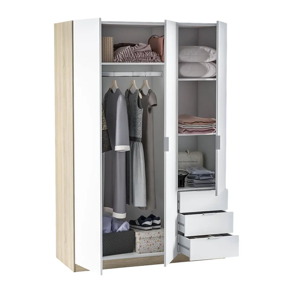 Armoire Allentown, Armoire de Chambre avec 3 Portes et 3 Tiroirs, Armoire avec Barre de Suspension, 121x52h180 cm, Blanc et Chêne