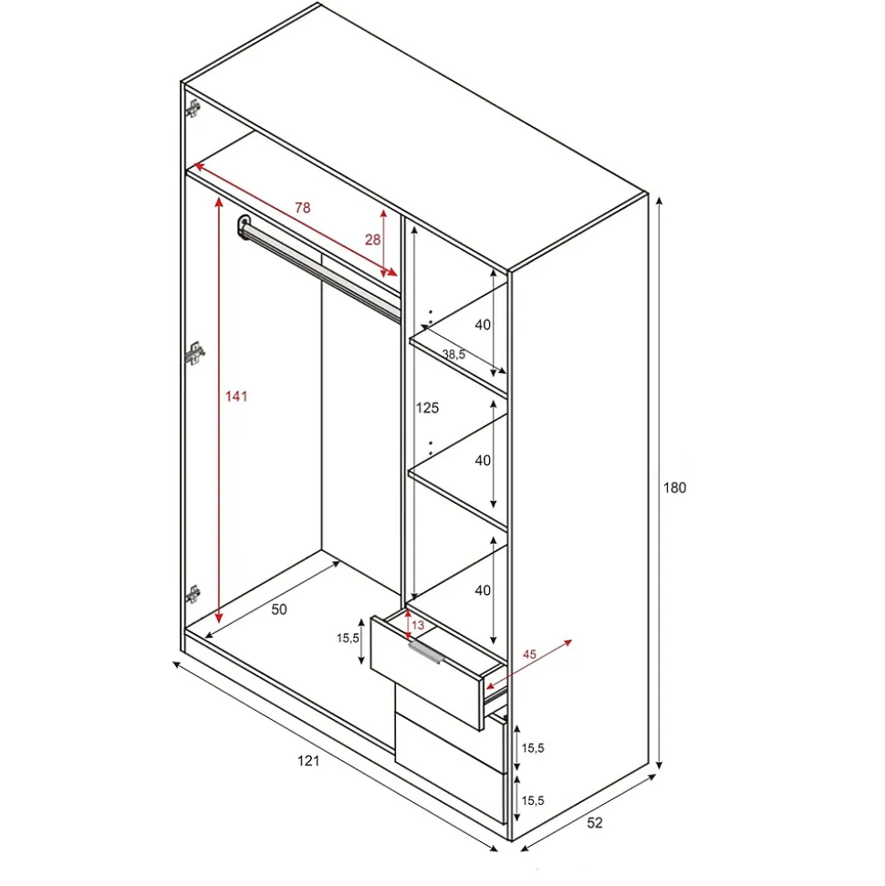 Armoire Allentown, Armoire de Chambre avec 3 Portes et 3 Tiroirs, Armoire avec Barre de Suspension, 121x52h180 cm, Blanc et Chêne