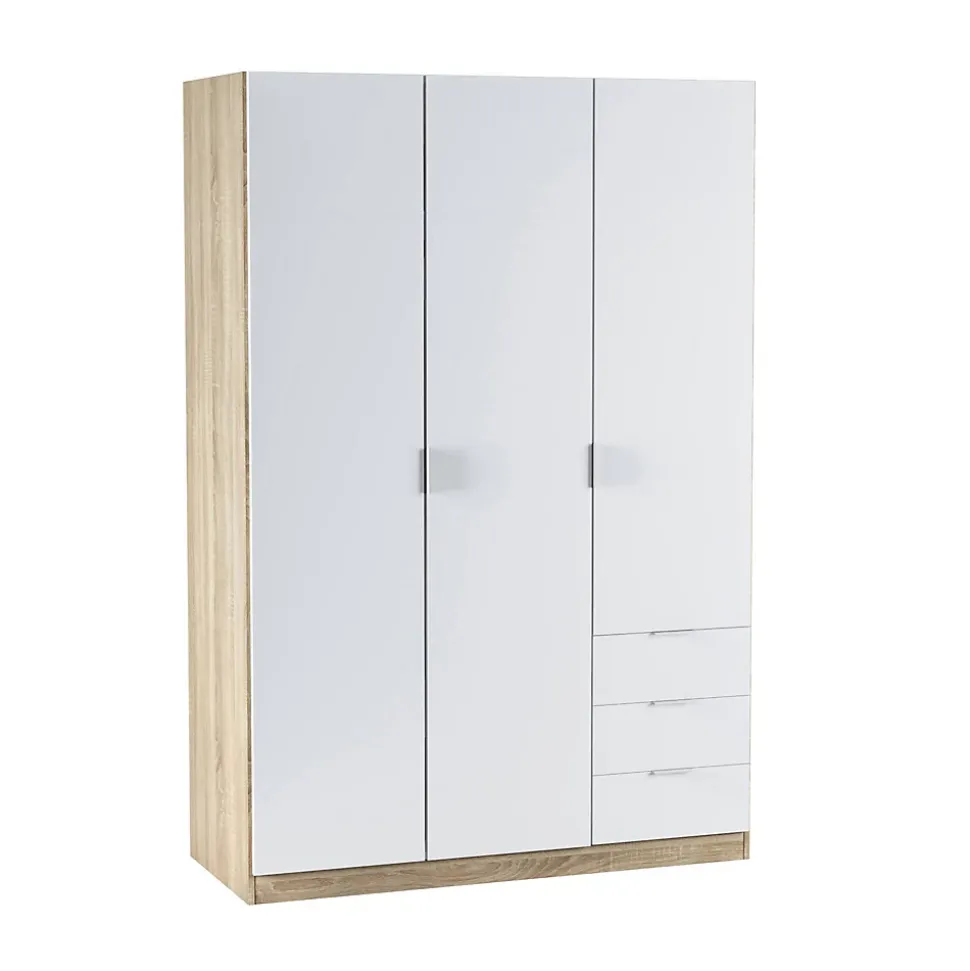Armoire Allentown, Armoire de Chambre avec 3 Portes et 3 Tiroirs, Armoire avec Barre de Suspension, 121x52h180 cm, Blanc et Chêne