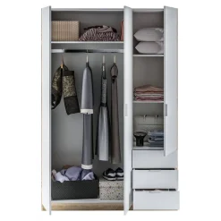 Armoire Allentown, Armoire de Chambre avec 3 Portes et 3 Tiroirs, Armoire avec Barre de Suspension, 121x52h180 cm, Blanc et Chêne