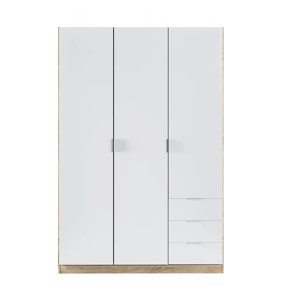 Armoire Allentown, Armoire de Chambre avec 3 Portes et 3 Tiroirs, Armoire avec Barre de Suspension, 121x52h180 cm, Blanc et Chêne