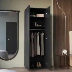 Armoire Aurora en mélamine avec deux étagères et une tringle à vêtements , 180 cm X 60 cm X 48.5 cm , Noir