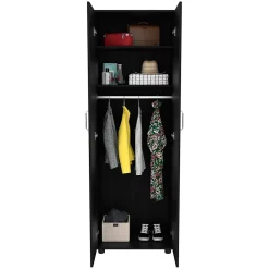 Armoire Aurora en mélamine avec deux étagères et une tringle à vêtements , 180 cm X 60 cm X 48.5 cm , Noir