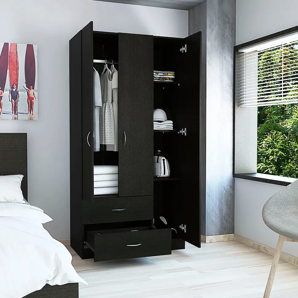 Armoire Austral 3 portes avec deux tiroirs, 179.83 cm X 89.91 cm X 46.99 cm , Noir