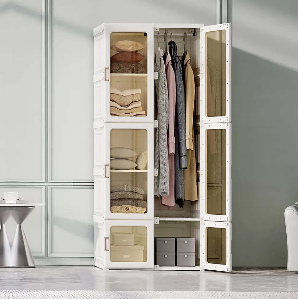Armoire avce 10 compartiments 6 portes 1 suspension - Pliable Penderie à portes transparentes , 69x50x170cm - Blanc