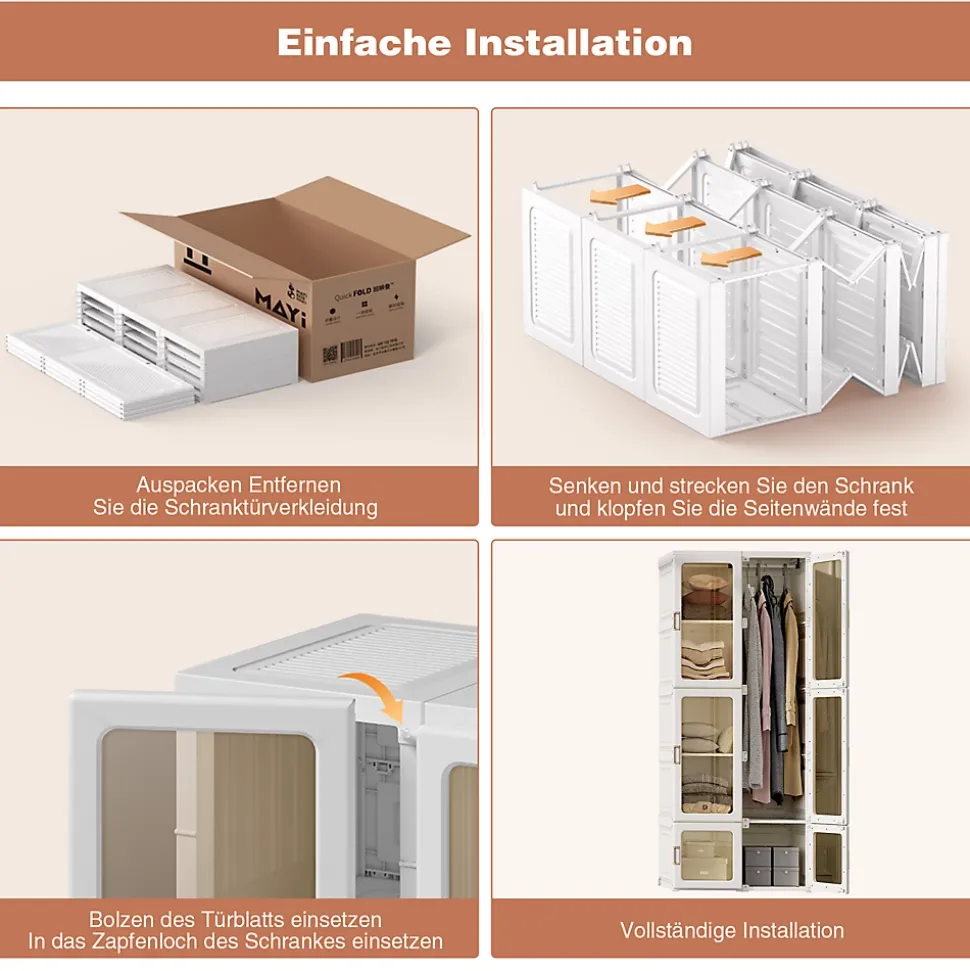 Armoire avce 10 compartiments 6 portes 1 suspension - Pliable Penderie à portes transparentes , 69x50x170cm - Blanc