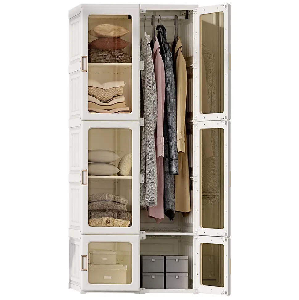 Armoire avce 10 compartiments 6 portes 1 suspension - Pliable Penderie à portes transparentes , 69x50x170cm - Blanc
