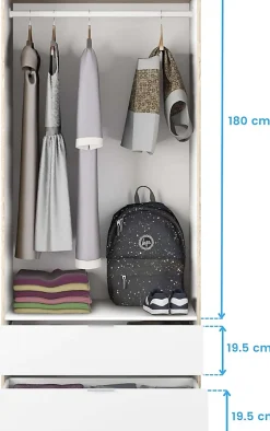 Armoire avec 2 portes 2 tiroirs Coloris chêne et blanc - Dim : L 81 x H 180 x P 52 cm