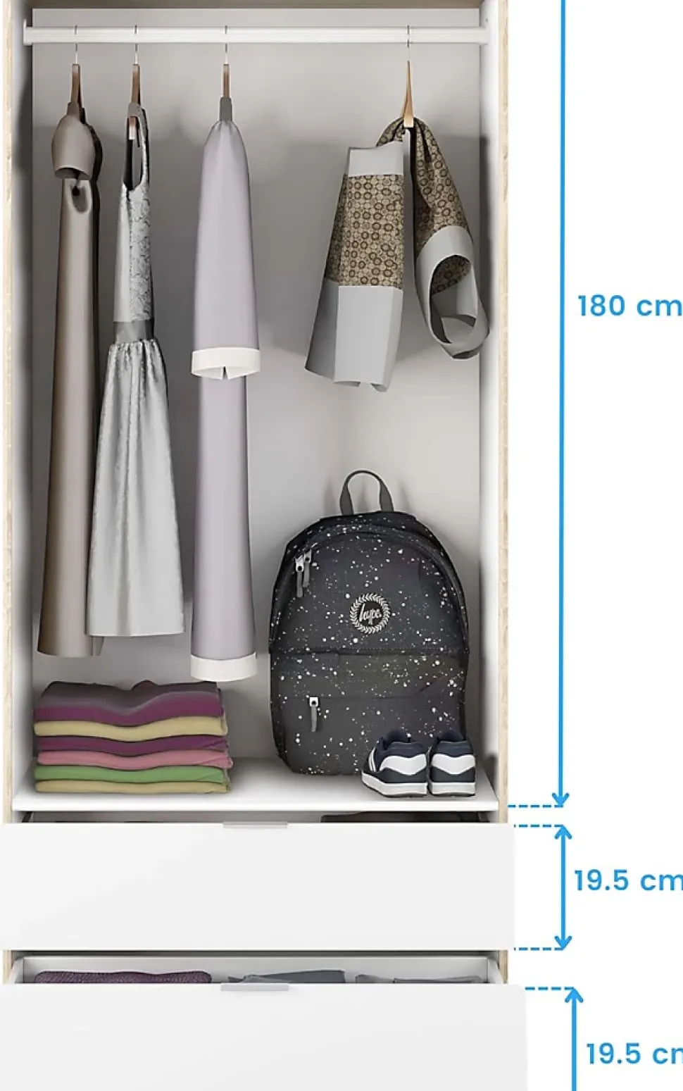 Armoire avec 2 portes 2 tiroirs Coloris chêne et blanc - Dim : L 81 x H 180 x P 52 cm
