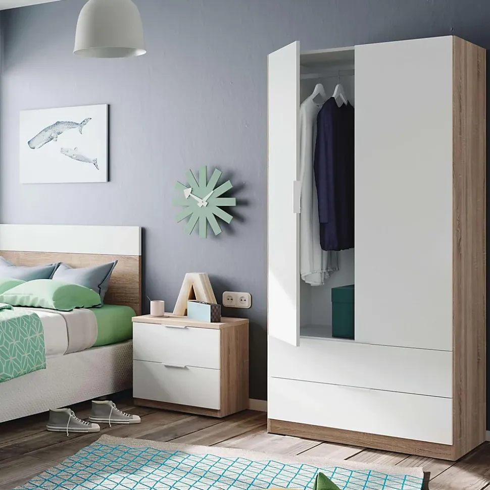 Armoire avec 2 portes 2 tiroirs Coloris chêne et blanc - Dim : L 81 x H 180 x P 52 cm