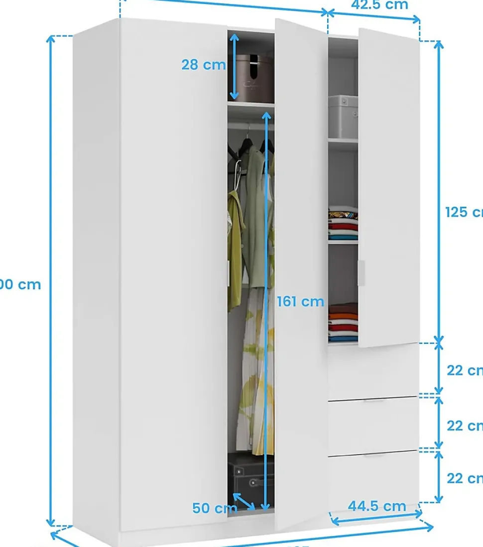Armoire avec 3 portes coloris blanc - 200 x 135 x 52 cm