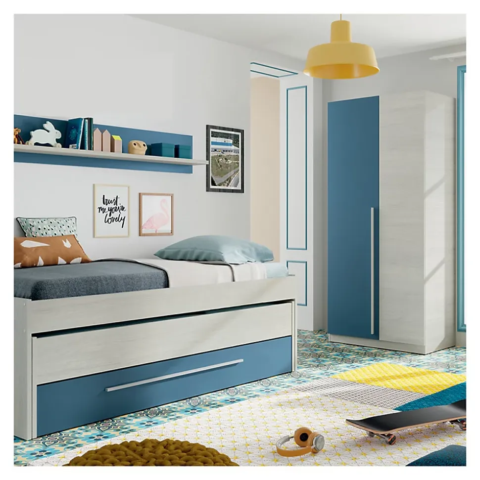Armoire avec 2 portes coloris Blanc Alpes / bleu en mélamine - Dim : 200 x 90 x 52 cm