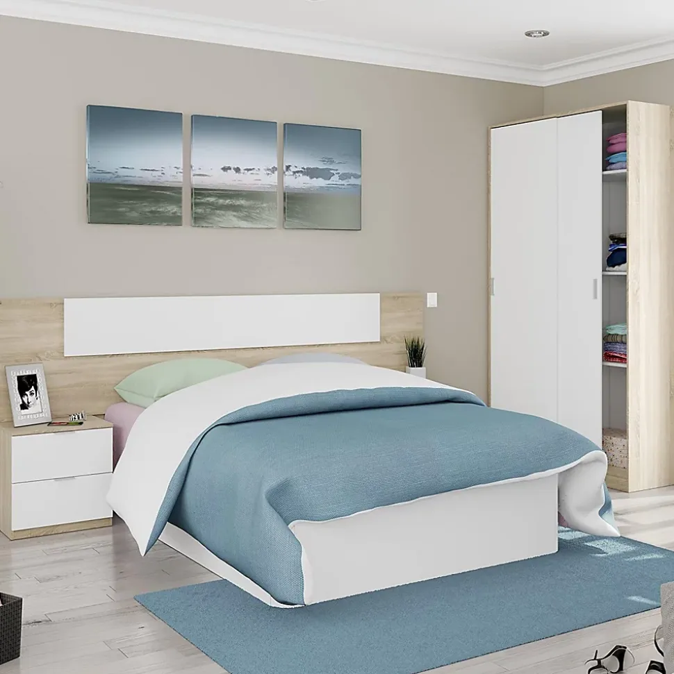 Armoire avec 2 portes coulissantes coloris blanc / chêne canadien - Dim : H 200 x L 120 x P 50 cm