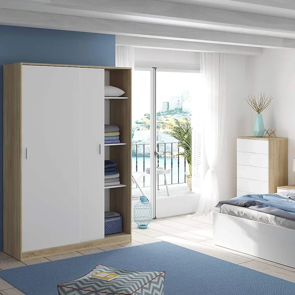 Armoire avec 2 portes coulissantes coloris blanc / chêne canadien - Dim : H 200 x L 120 x P 50 cm