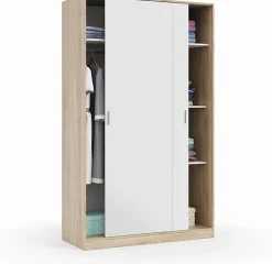 Armoire avec 2 portes coulissantes coloris blanc / chêne canadien - Dim : H 200 x L 120 x P 50 cm