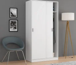 Armoire avec 2 Portes Coulissantes coloris Blanc - Dim : L 100 cm x H 200 x P 50 cm