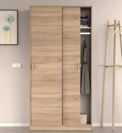 Armoire avec 2 Portes Coulissantes décor chêne canadien - Dim : L 100 cm x H 200 x P 50 cm