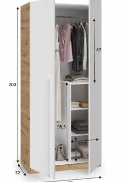 Armoire avec 2 portes en panneaux de particules mélaminés blanc artik/chêne - Longueur 90 x Profondeur 52 x Hauteur 200 cm