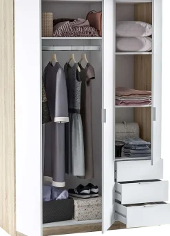 Armoire avec 3 portes et 3 tiroirs Coloris chêne et blanc - Dim : L 121 x H 180 x P 52 cm