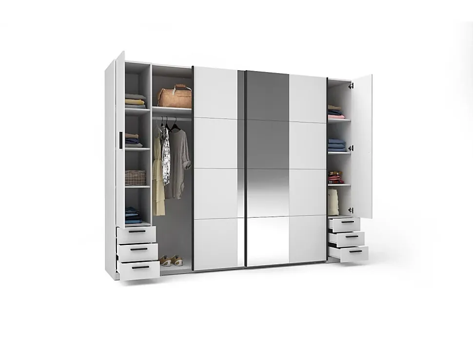 Armoire avec 6 tiroirs et 4 portes - Avec miroir - L270 cm - Blanc - ARVOLIA