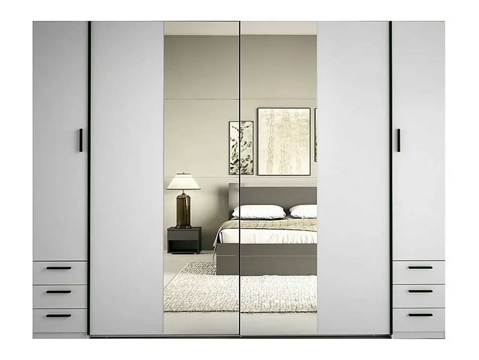 Armoire avec 6 tiroirs et 4 portes - Avec miroir - L270 cm - Blanc - ARVOLIA