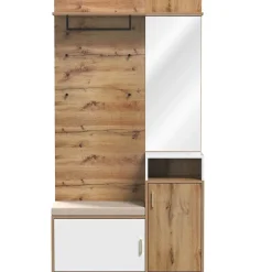 Armoire avec Miroir, Banc et Patère - Armoire à Chaussures - Panneau de Particules et MDF - 105x38,5x190,5 cm - Blanc et Bois