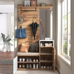 Armoire avec Miroir, Banc et Patère - Armoire à Chaussures - Panneau de Particules et MDF - 105x38,5x190,5 cm - Blanc et Bois