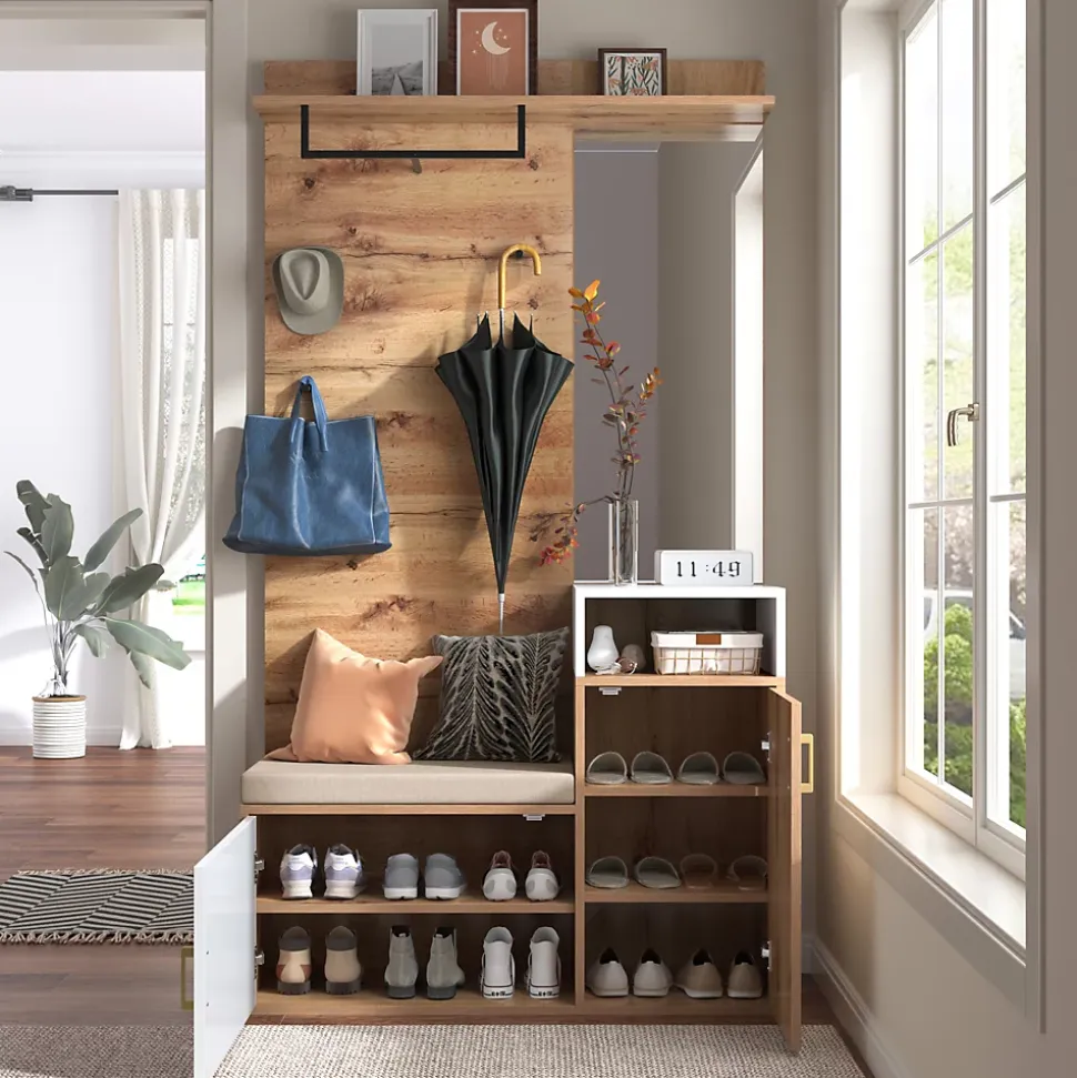 Armoire avec Miroir, Banc et Patère - Armoire à Chaussures - Panneau de Particules et MDF - 105x38,5x190,5 cm - Blanc et Bois