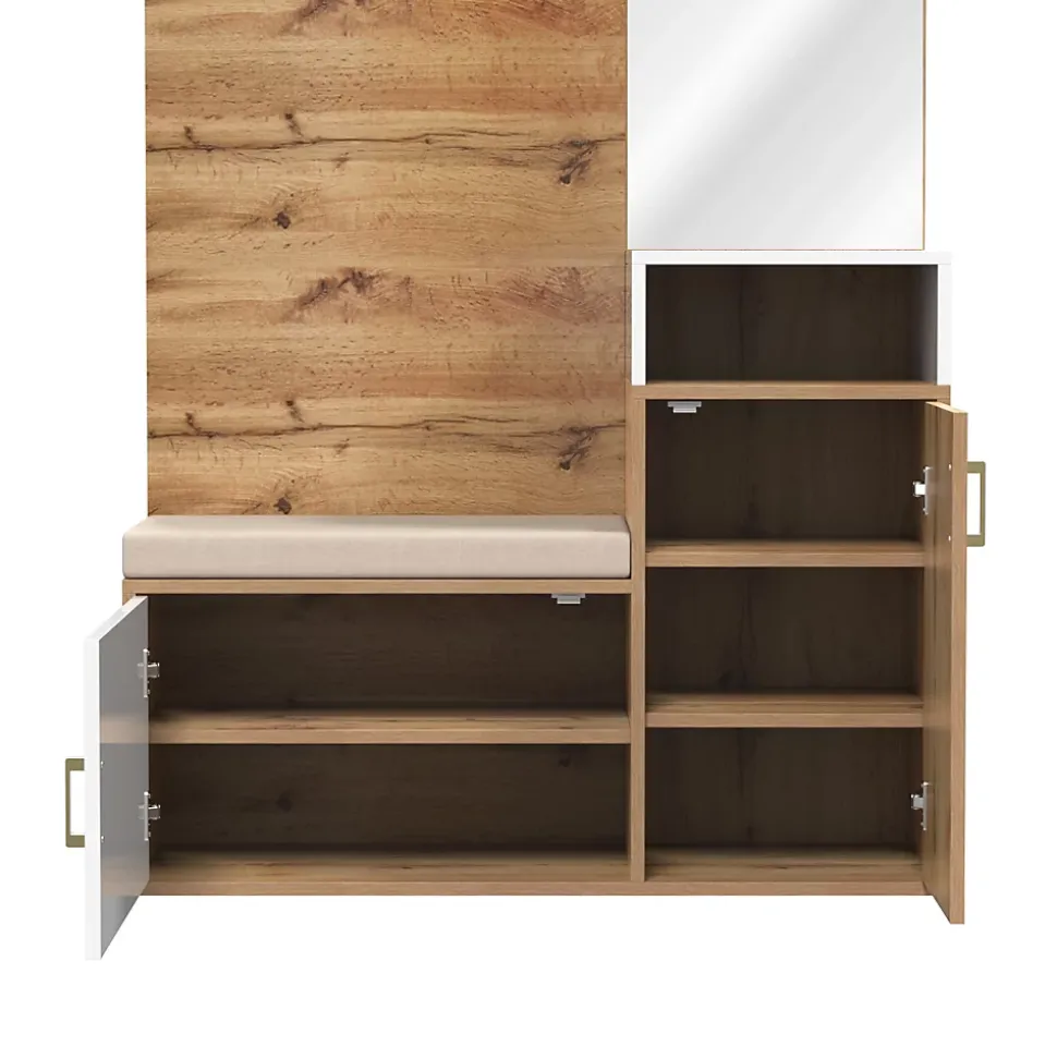 Armoire avec Miroir, Banc et Patère - Armoire à Chaussures - Panneau de Particules et MDF - 105x38,5x190,5 cm - Blanc et Bois