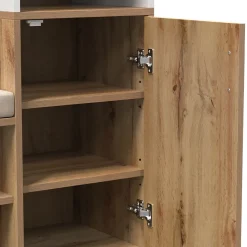 Armoire avec Miroir, Banc et Patère - Armoire à Chaussures - Panneau de Particules et MDF - 105x38,5x190,5 cm - Blanc et Bois