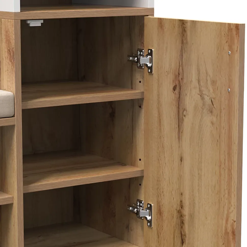 Armoire avec Miroir, Banc et Patère - Armoire à Chaussures - Panneau de Particules et MDF - 105x38,5x190,5 cm - Blanc et Bois