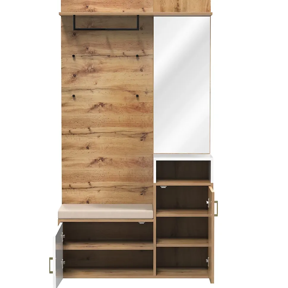 Armoire avec Miroir, Banc et Patère - Armoire à Chaussures - Panneau de Particules et MDF - 105x38,5x190,5 cm - Blanc et Bois