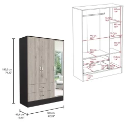 Armoire avec miroir Bolton, 3 portes et 2 tiroirs