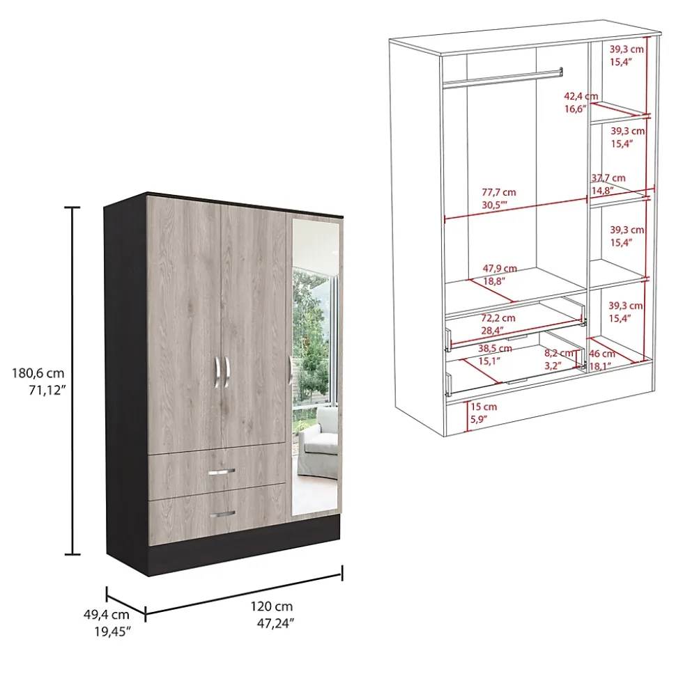 Armoire avec miroir Bolton, 3 portes et 2 tiroirs