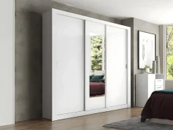 Armoire avec miroir ROXANE - 3 portes coulissantes - L. 220 cm - Blanc