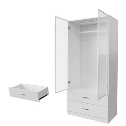 Armoire avec portes en verre trempé et LED, 80x50x175 cm, penderie avec 1 tringle, 2 tiroirs, MDF de qualité supérieure, Blanc