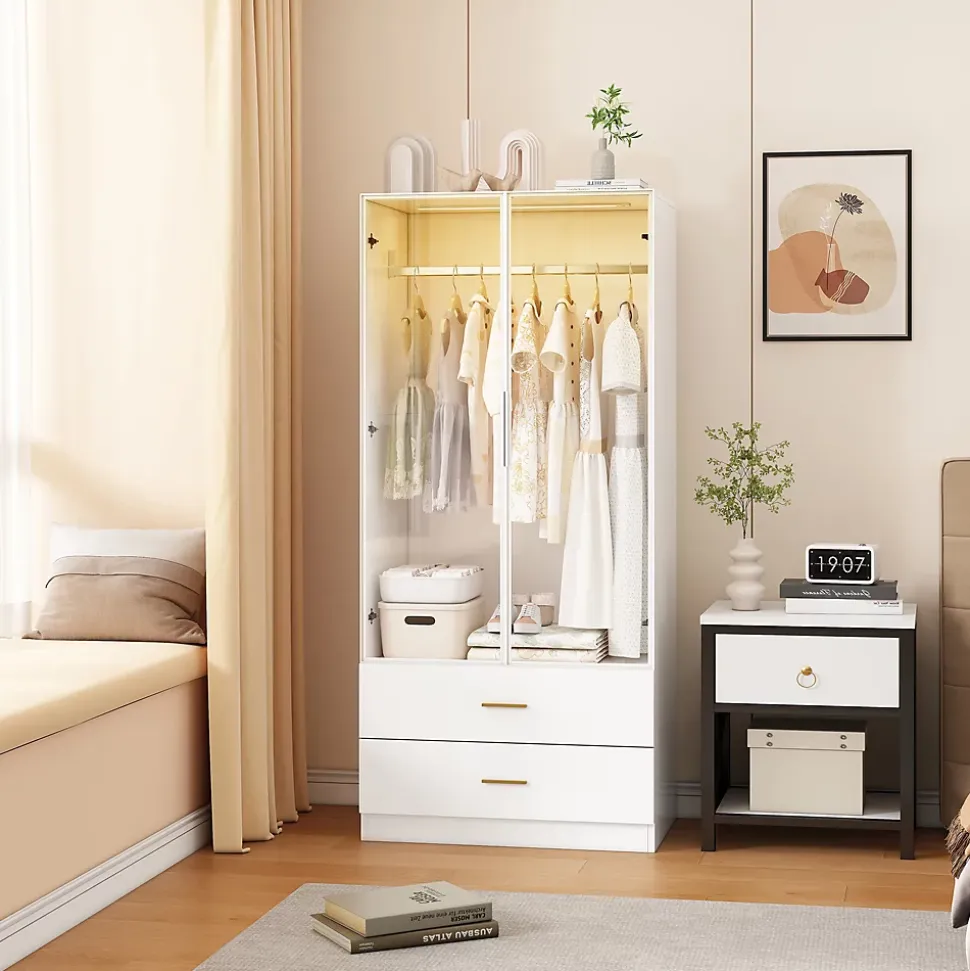 Armoire avec portes en verre trempé et LED, 80x50x175 cm, penderie avec 1 tringle, 2 tiroirs, MDF de qualité supérieure, Blanc