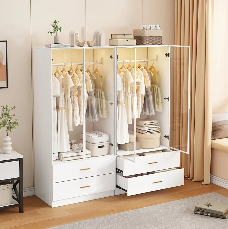 Armoire avec portes en verre trempé et LED, 80x50x175 cm, penderie avec 1 tringle, 2 tiroirs, MDF de qualité supérieure, Blanc