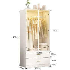 Armoire avec portes en verre trempé et LED, 80x50x175 cm, penderie avec 1 tringle, 2 tiroirs, MDF de qualité supérieure, Blanc