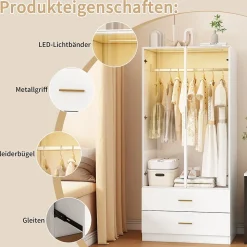 Armoire avec portes en verre trempé et LED, 80x50x175 cm, penderie avec 1 tringle, 2 tiroirs, MDF de qualité supérieure, Blanc