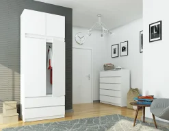 Armoire avec surmeuble AKORD S90 Blanche 90 cm 2 portes 2 tiroirs façade Blanche 6 étagères 90x51x234 cm