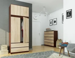 Armoire avec surmeuble AKORD S90 Wengé 90 cm 2 portes 2 tiroirs façade Chêne Sonoma 6 étagères 90x51x234 cm