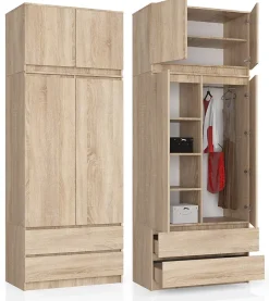 Armoire avec surmeuble AKORD S90 Chêne Sonoma 90 cm 2 portes 2 tiroirs façade Chêne Sonoma 6 étagères 90x51x234 cm