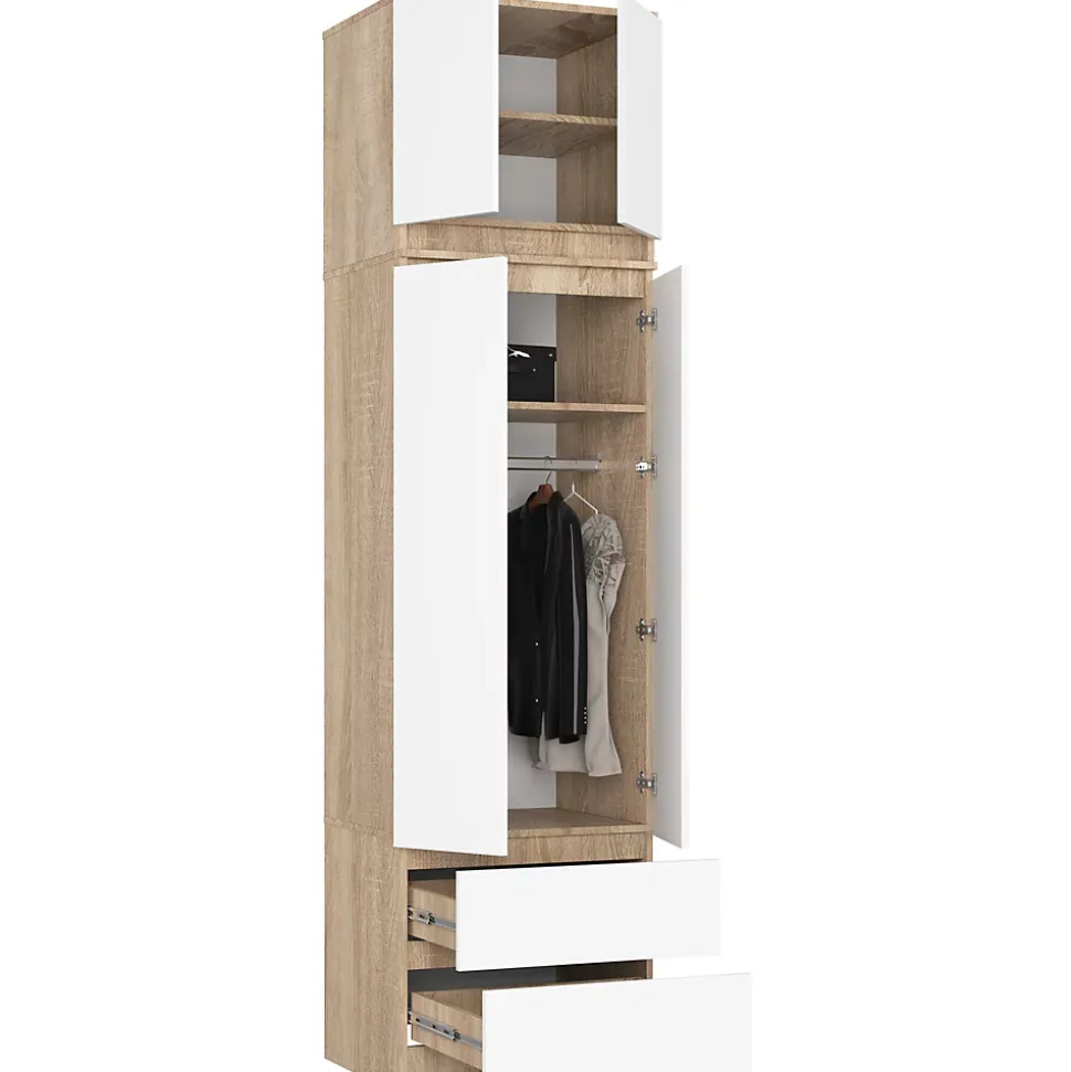 Armoire avec surmeuble AKORD STAR Chêne Sonoma 60 cm 2 portes 2 tiroirs façade Blanche 3 étagères 60x51x234 cm