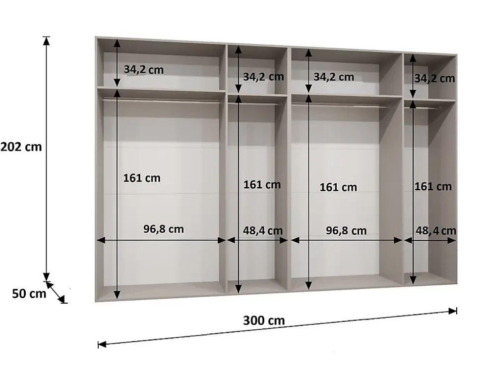 Armoire Bari 2 a portes battantes H. 202 x L.300 x P. 52, 6 portes