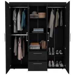 Armoire Bariloche en mélamine avec 4 portes, 4 étagères, 3 tringles à vêtements et 2 tiroirs , noir, 177.9 cm X 150.3 cm X 50.4 cm