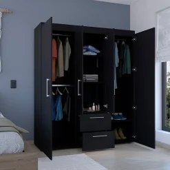 Armoire Bariloche en mélamine avec 4 portes, 4 étagères, 3 tringles à vêtements et 2 tiroirs , noir, 177.9 cm X 150.3 cm X 50.4 cm
