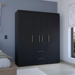 Armoire Bariloche en mélamine avec 4 portes, 4 étagères, 3 tringles à vêtements et 2 tiroirs , noir, 177.9 cm X 150.3 cm X 50.4 cm