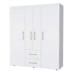Armoire Bariloche en mélaminé avec 4 portes, 4 étagères, 3 tringles à vêtements et 2 tiroirs, blanc, 177.9 cm X 150.3 cm X 50.4 cm